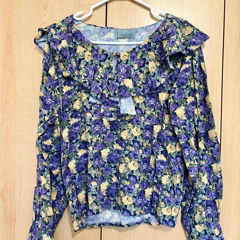 Vintage Floral Ruffle Blouse in Purple & Yellow